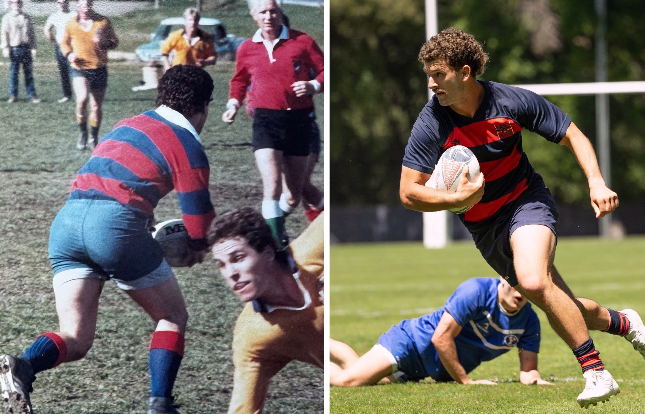 Break away with the ball: Marty Storti ‘85 MA ‘89 on the left dodges the defender while bringing the ball up the field. Erich Storti ‘23 MA ‘24 pictured on the right mimics his father's skills and escapes the defender. / Photos provided courtesy of Storti Family & Club Sports