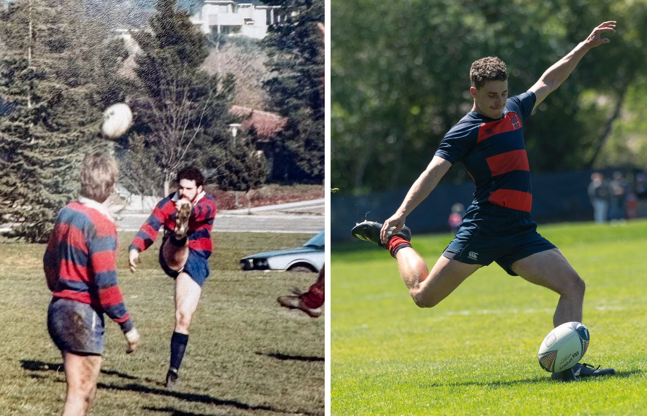Up and Under: Marty Storti ‘85 MA ‘89 pictured on the left kicks to clear the defense from Gael territory.  Mario Storti ‘25 kicks for conversation points. / Photos provided courtesy of Storti Family & Club Sports